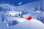 Kerstkaart: De Kerstman wandelt met een zak vol cadeaus naar het dorp