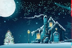 Kerstkaart: Blauw huis met ijspegels en een versierde kerstboom buiten bij volle maan en de hemel vol sterren