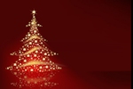Kerstkaart: Gele sterretjes vormen samen een kerstboom op een rode achtergrond