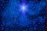 Kerstkaart: Blauwe achtergrond met veel witte sterretjes en een grote schijnende kerstster in het midden